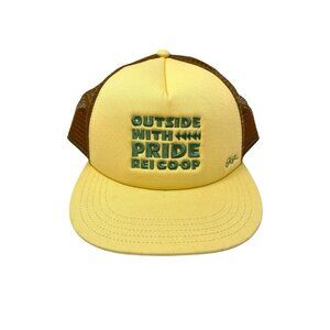 REI ' Outside with Pride ' Yellow & Brown Trucker Mesh Snapback Hat OSFM EUC‎